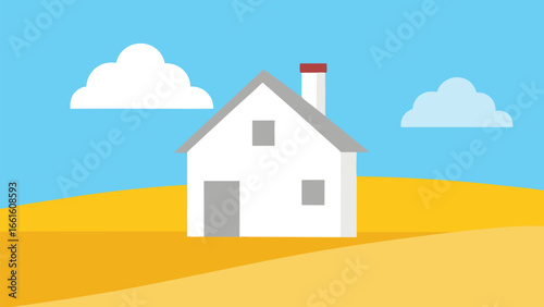 Minimalist white house with clouds and sunny landscape vector illustration eps scalable