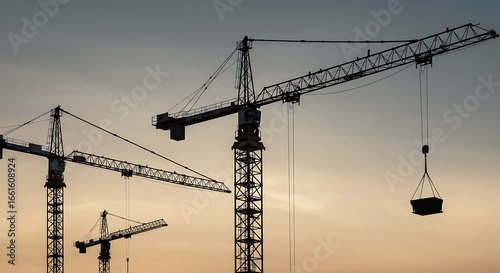 Silhouette of tower cranes at dusk against a dramatic sky.

