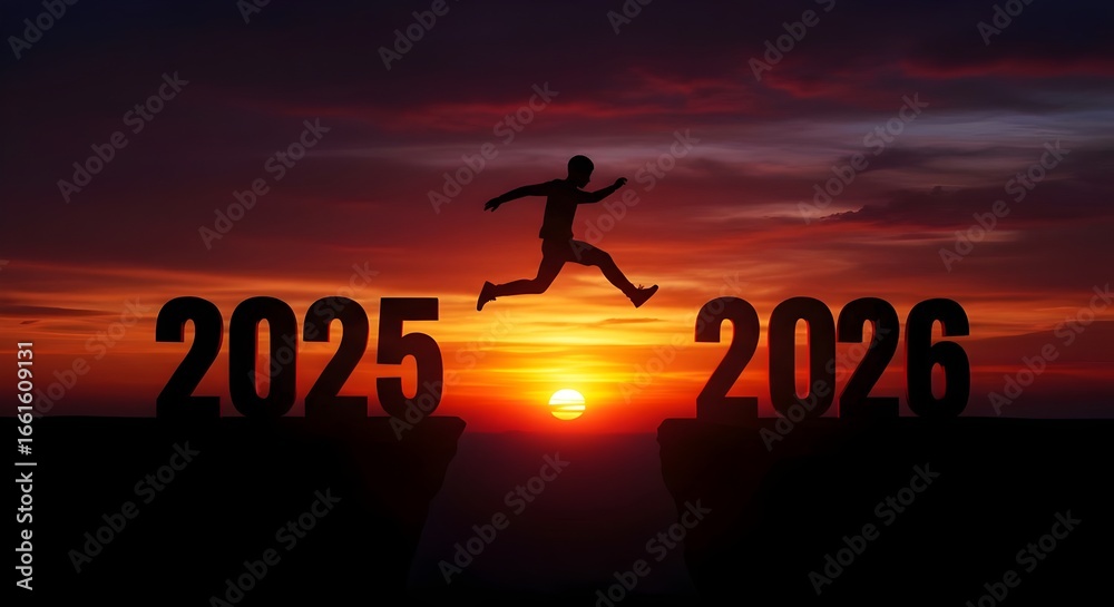 Welcome merry Christmas and happy new year in 2026, silhouette of the world, silhouette of a man jumping, Silhouette Man jumping from 2025 cliff to 2026 cliff with cloud sky and sunlight. Welcome merry Christmas and happy new year in 2026, silhouette of the world, silhouette of a man jumping, Silhouette Man jumping from 2025 cliff to 2026 cliff with cloud sky and sunlight.