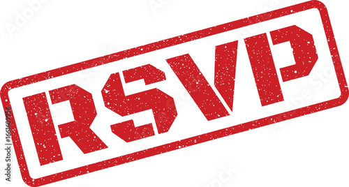 Isolated red RSVP stamp with rounded rectangle frame and grunge texture for invitation design