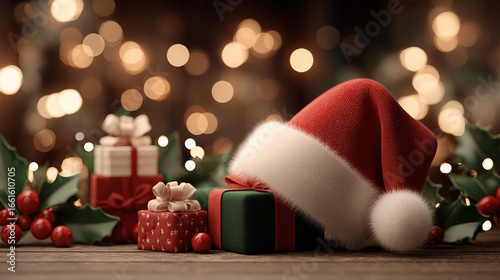 Festive Christmas scene with Santa hat, gifts, and holly berries on wooden table, glowing bokeh lights in background