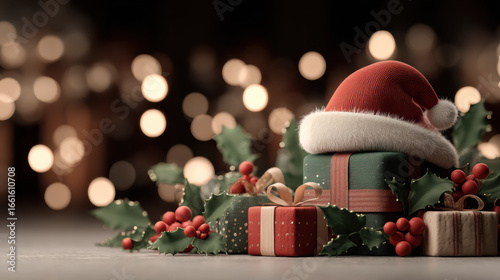 Festive Christmas scene with gifts, Santa hat, and holly leaves, creating warm holiday atmosphere