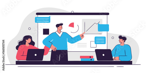 Marketing strategy meeting illustration, team presenting digital campaign results, flat design