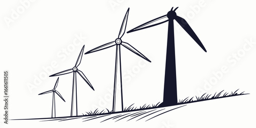 Clean line art illustration of windmills in a row against a solid white background featuring energy generation and renewable power concepts