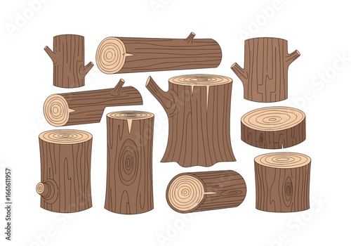 Vector illustration of a variety of cartoonish, brown wooden logs and stumps isolated on a white background.