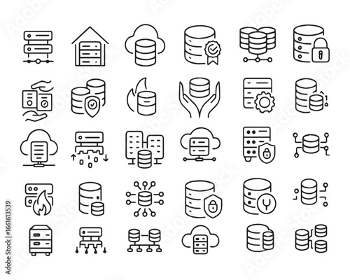 Set of outline icons related servers, data base. Linear icon collection