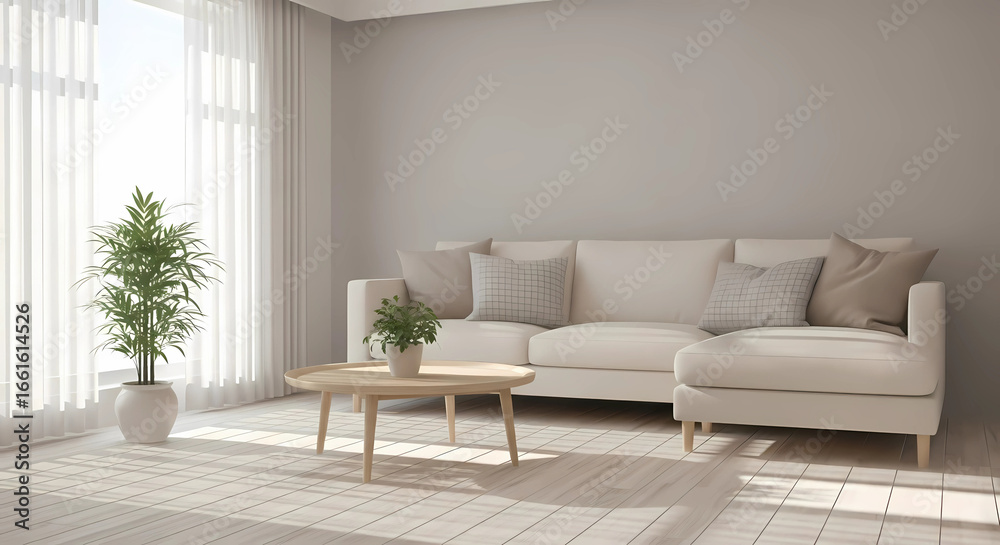 Fototapeta premium Photorealistic Sunlit Scandinavian Living Room Interior, Minimalist Neutral Decor with Plants, Sheer Curtains, Copy Space