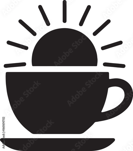 Coffee cup with sun icon silhouette vector, ideal for morning coffee themes, café branding, and creative design.