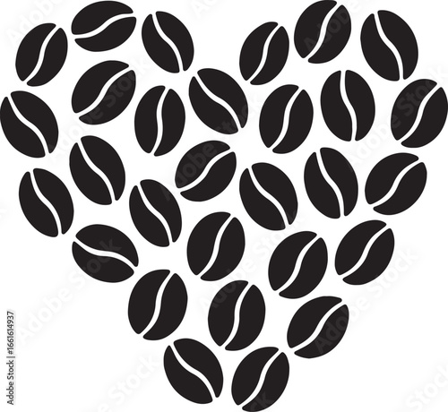 Coffee beans arranged in a heart shape silhouette vector, perfect for café branding, love-themed coffee designs.