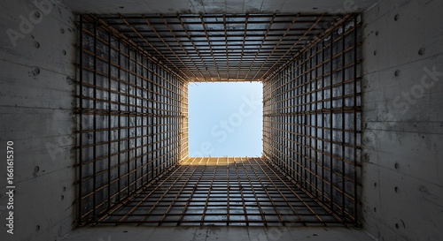 Steel reinforcement bars forming a grid within a concrete shaft  with a bright sky above.