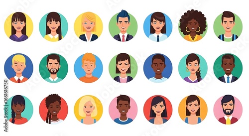Diverse Portrait Collection: Vector Illustrations of Smiling People in Colorful Circles