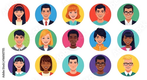 Diverse Smiling Faces in Colorful Circles, Representing People and Community