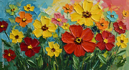 Colorful Floral Oil Painting with Textured Brushstrokes on Canvas