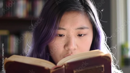 Young woman with purple hair reading an old book indoors, surrounded by bookshelves and sunlight