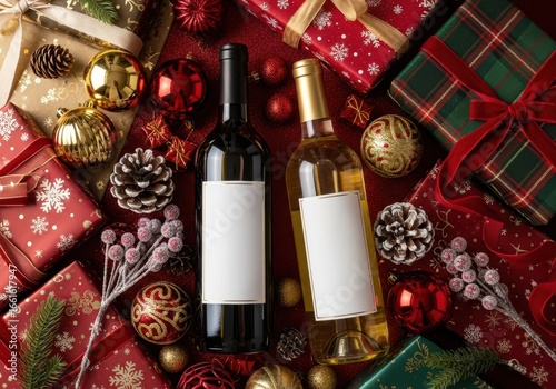 Holiday Wine Gift Arrangement: Red and White Wine with Christmas Presents