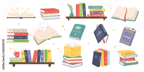 Cartoon books and school textbooks with bookmark, reading literature concept, stacked and open and stack book, library and bookshelf elements, study and education design. Vector isolated set