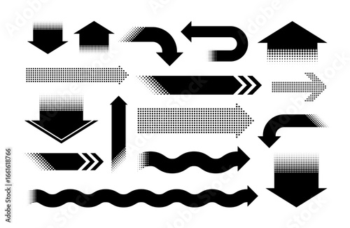 Halftone arrow icons, black direction symbol, dotted pointer, curved and straight arrow with fade effect. Navigation or progress sign, dot gradient border, stripe with arrowhead. Vector set