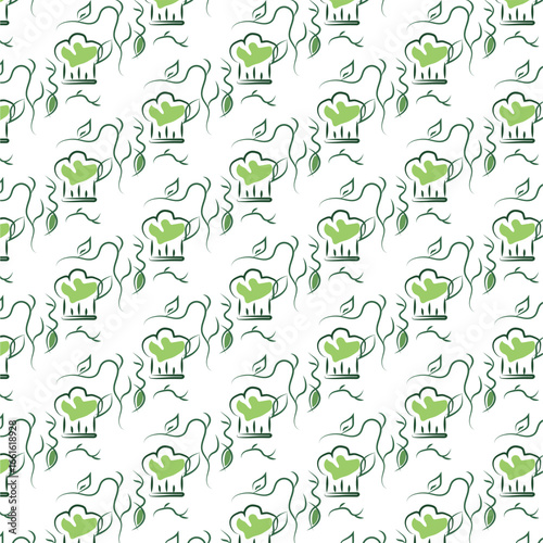 Vector pattern of a chef's hat, made in green on a white background. Seamless pattern. Pattern of repeating kitchen utensils. Naturalness of the prepared products.