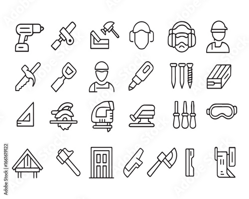 Set of outline icons related to carpentry. Linear icon collection