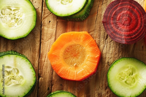 Freshly cut slices of cucumber and carrot are arranged on a rustic wooden surface. The vibrant colors and textures highlight the natural beauty of these vegetables in a heartwarming presentation.
