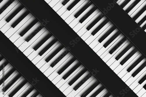 Close-up view of piano keys placed diagonally, showcasing the stark contrast between black and white keys. This artistic arrangement emphasizes the elegance of music and creativity.