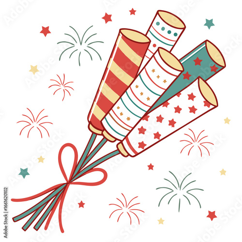 Bundle of colorful firecrackers with festive decorations and fireworks in the background