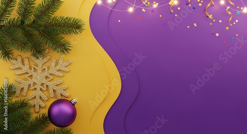 Festive purple and yellow layered background with fir branches a sparkling snowflake and a Christmas ornament adorned with string lights and scattered confetti