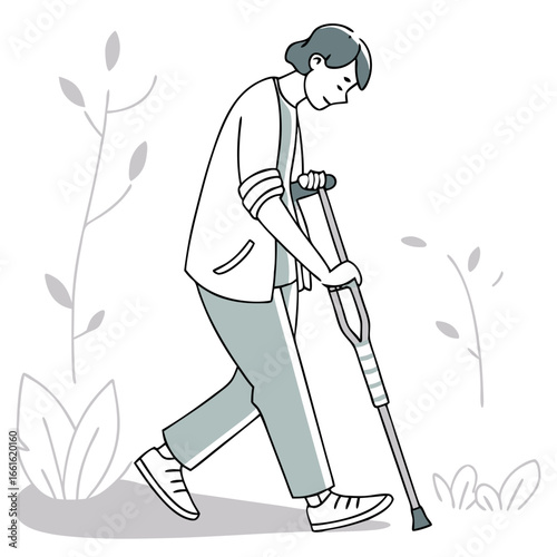 Person using a crutch while walking in an outdoor setting surrounded by plants