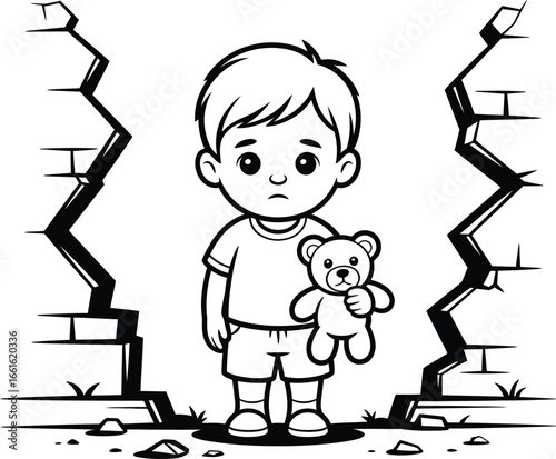 Distressed Childhood: Child Between Cracked Walls