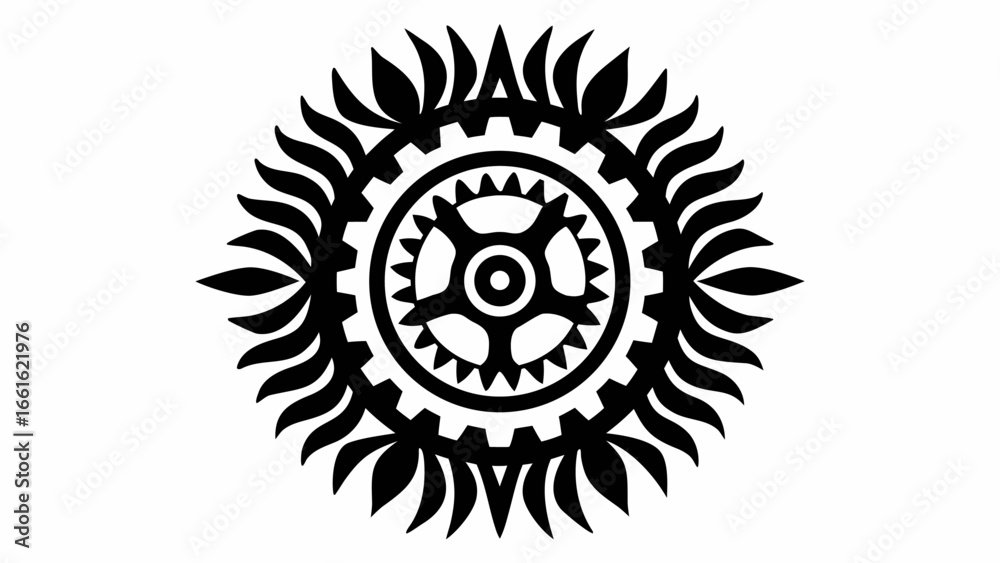 Naklejka premium Circular gear design surrounded by stylized leaves in a symmetrical and ornate black and white pattern silhouette