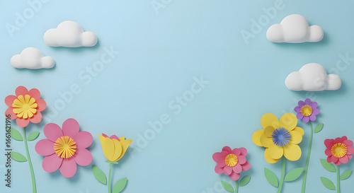 Colorful Paper Flowers and White Clouds on Pastel Blue Background