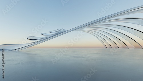Fototapeta Naklejka Na Ścianę i Meble -  3d illustration of abstract wavy architecture background, Minimal curved geometry architectural design, Car presentation backdrop with empty concrete floor, Flowing geometric glass building design