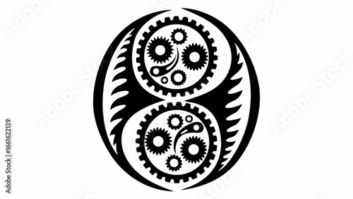 Yin yang symbol with gears and paisley shapes in black and white intricate design illustration silhouette