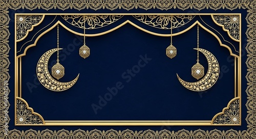 Elegant Islamic Design with Golden Crescent Moons and Ornate Lanterns on Deep Blue Background