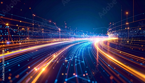 Dynamic motion blur of light trails through a digital tunnel, symbolizing the rapid flow of big data and global internet communication