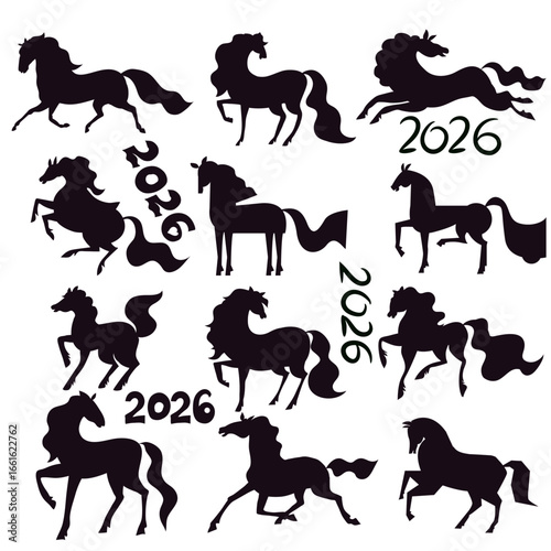 Silhouette horse running Happy Chinese New Year 2026, Zodiac sign, lunar year of the Horse Vector flat illustration