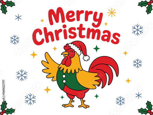 Christmas Greeting Card with Cheerful Rooster in Santa Hat and Vest, Surrounded by Snowflakes and Holly