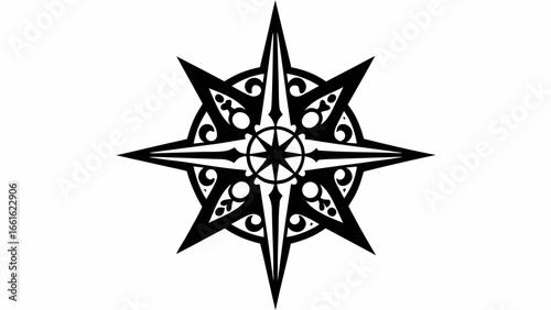 Detailed black and white compass rose design with intricate floral and geometric embellishments around it silhouette