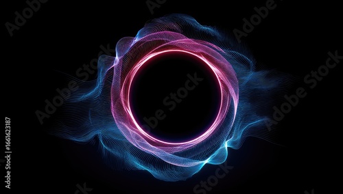 Abstract circular design with swirling, vibrant pink and blue energy radiating from a dark circle