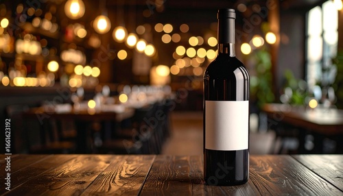 Elegant red wine bottle with a blank white label for branding mockup, sitting on a rustic wooden table in a cozy, softly lit restaurant interior