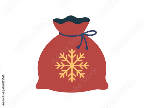 Festive Gift Sack A Flat Vector Illustration of a Red Christmas Goodie Bag with Snowflake
