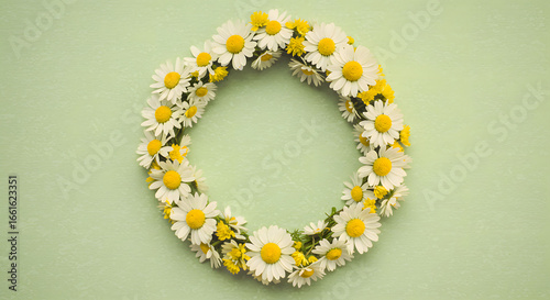 Floral Wreath of White and Yellow Flowers on Light Green Background