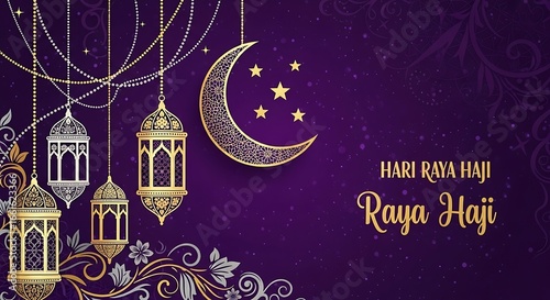 Elegant Raya Haji Greeting with Golden Lanterns and Crescent Moon