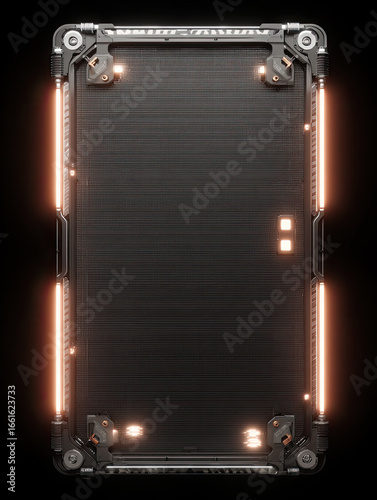 vertical panel with a brushed metal surface framed by glowing orange lights and complex, high-tech components
