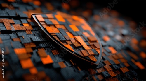 Abstract shield design on textured surface with orange and black patterns, suitable for digital art