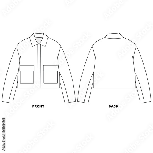 Vector Illustration of a jacket with a collar and pockets, front and back views. Blank template for a basic windbreaker jacket.