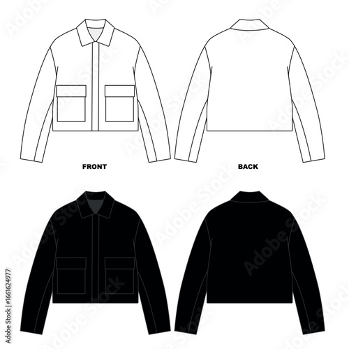 A set of illustrations of a bomber jacket with a collar and pockets, front and back views. A template for a basic windbreaker jacket in white and black.