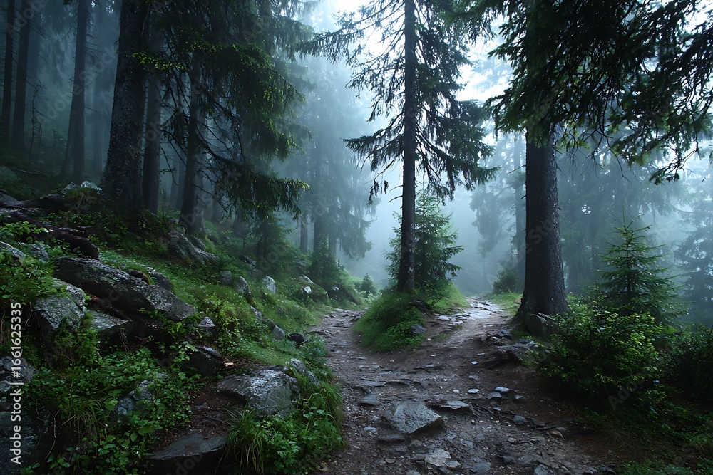 Obraz premium Vapor-laden forest showing split walkways under ethereal glow 