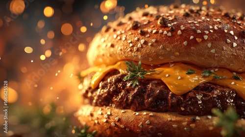 Close-up of a juicy cheeseburger with melted cheese and herbs, set against a warm, blurred background