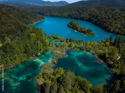 Aerial photography of Plitvice Lakes (Plitvička jezera) in Croatia (Hrvatska). Pedestrians and visitors walking over a wooden bridge between the lakes. Plitvice Lakes National Park.